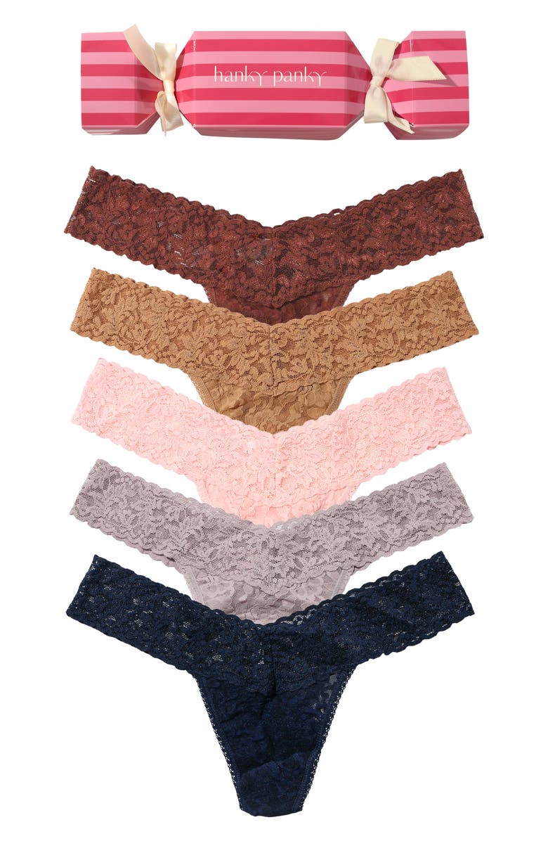 Hanky Panky Holiday Cracker Assorted 5-Pack Low Rise Thongs, Alternate, color, Allspice/Tan/Rose/Steel/Navy