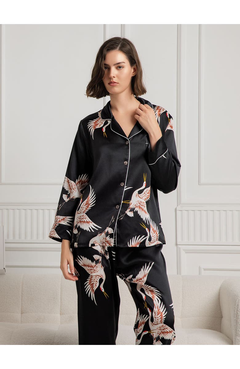 SILKSILKY 19Momme Pure Silk Printed Classic Binding Trim Womens Pajama set, Alternate, color, Black