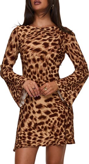 Halo Bias Cut Leopard Print Long Sleeve Minidress