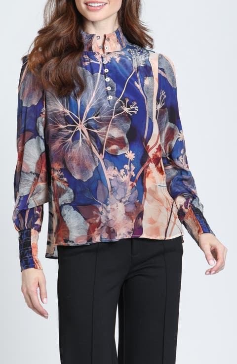 Print Smocked Cuff Long Sleeve Top