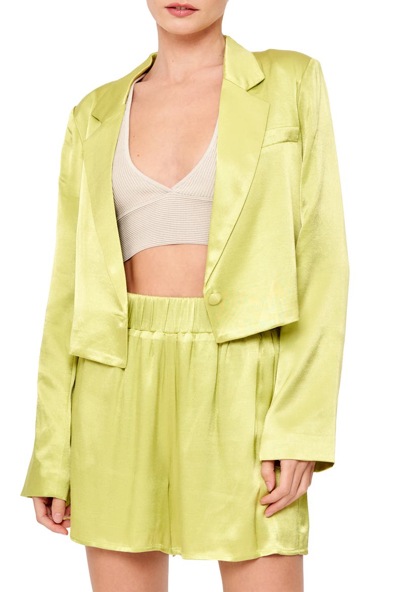 Astella Satin Cropped Blazer, Main, color, LIME GREEN