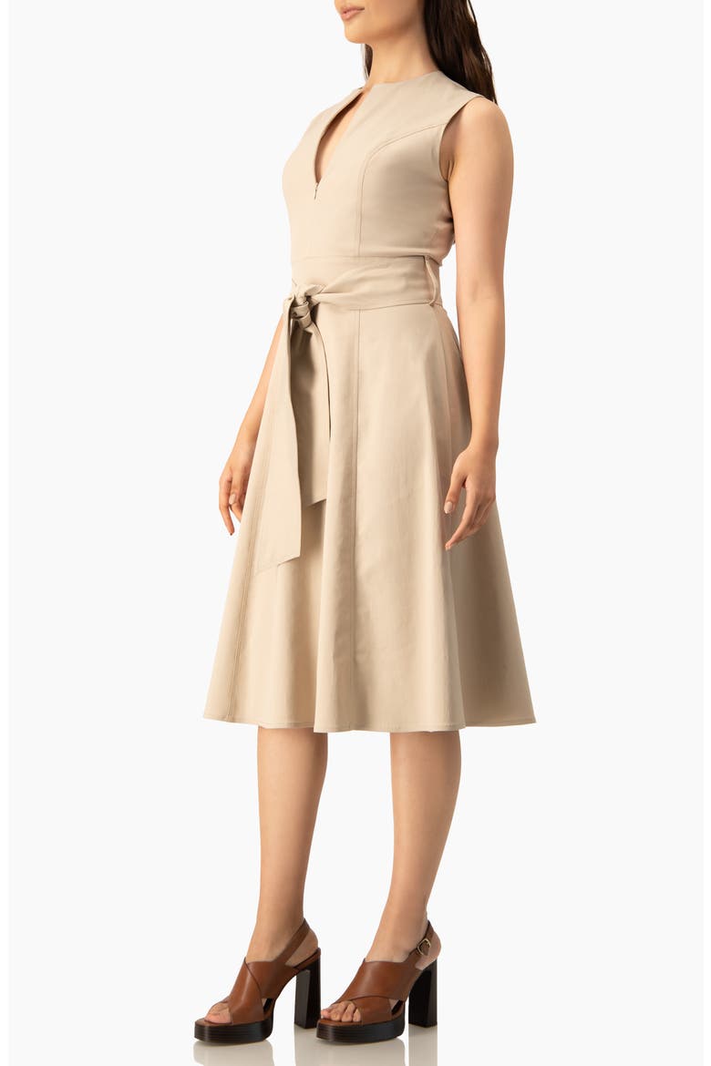 Sleeveless Belted Split Neck A-Line Midi Dress with Sash, Alternate, color, Beige