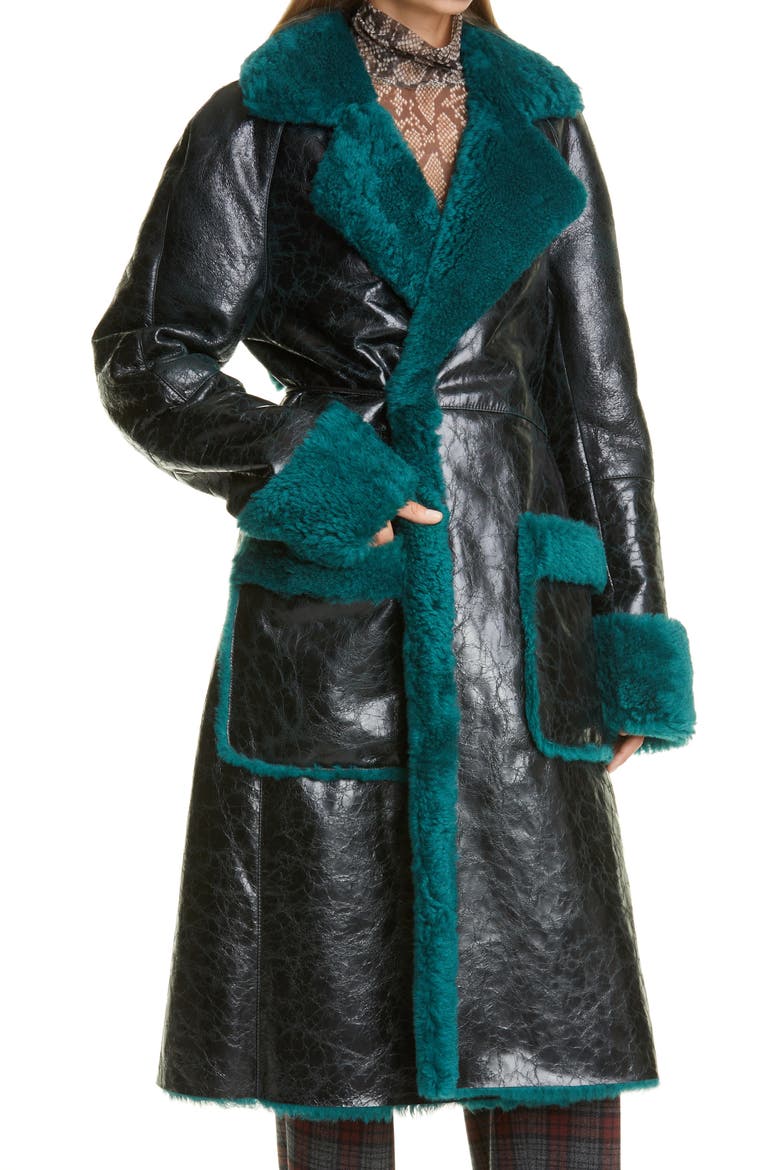 Lorca Reversible Crinkle Leather and Genuine Shearling Coat, Alternate, color, BOTTLE