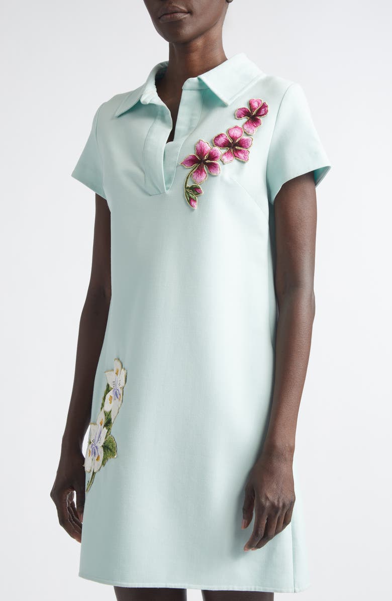 Oscar de la Renta Embroidered Appliqué Stretch Wool Polo Dress, Alternate, color, Saltwater