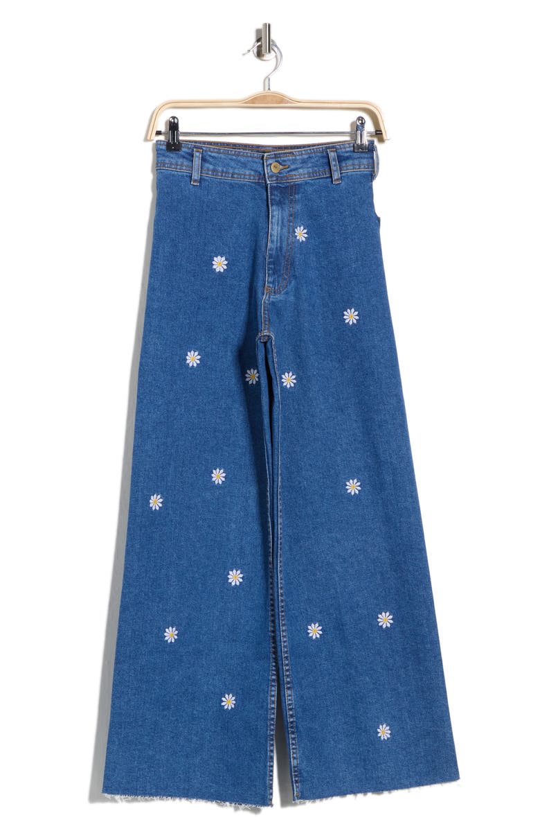 Desigual Floral Embroidered Wide Leg Jeans, Main, color, Medium Blue