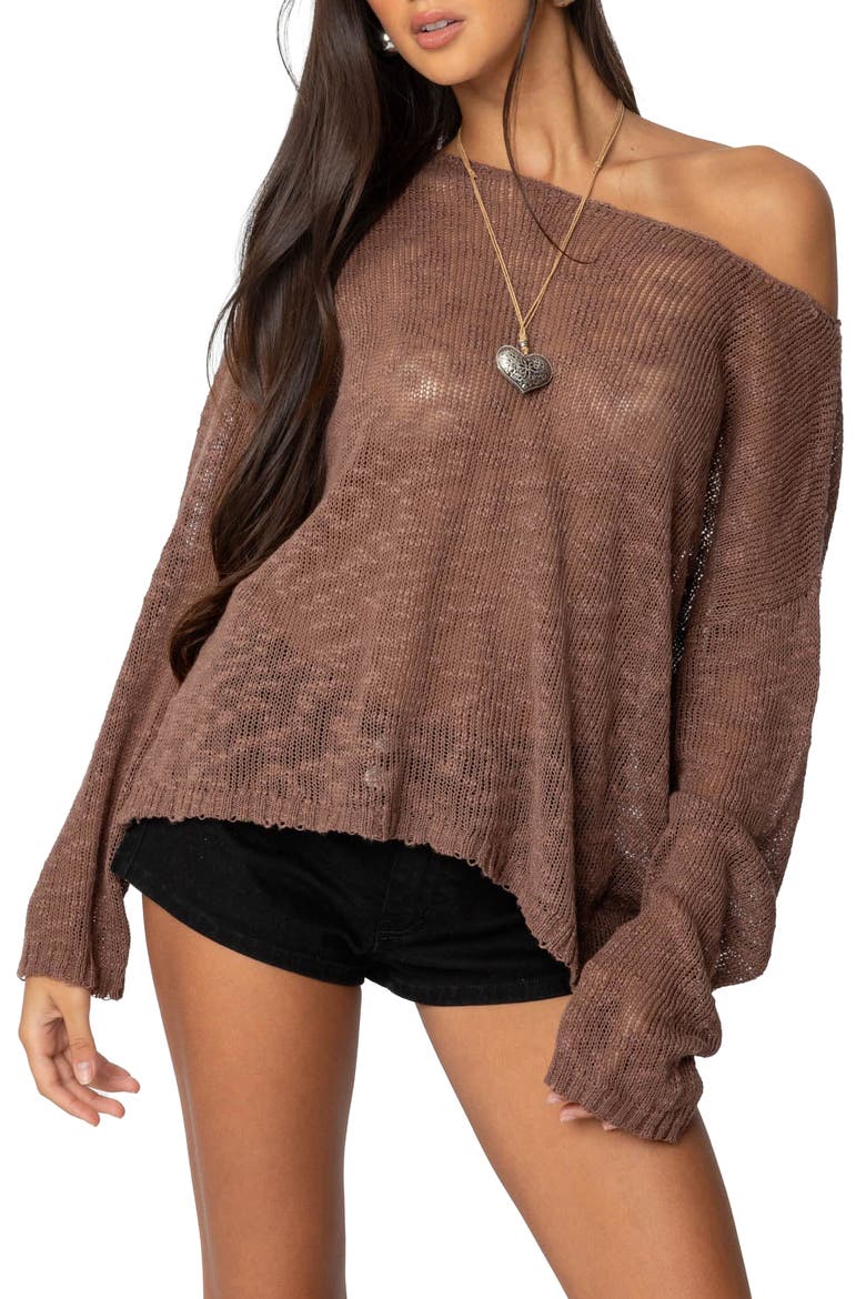 Bri Open Stitch Boat Neck Cotton Blend Sweater, Main, color, BROWN