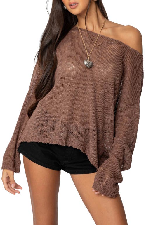 Edikted Bri One-shoulder Open Stitch Sweater In Brown