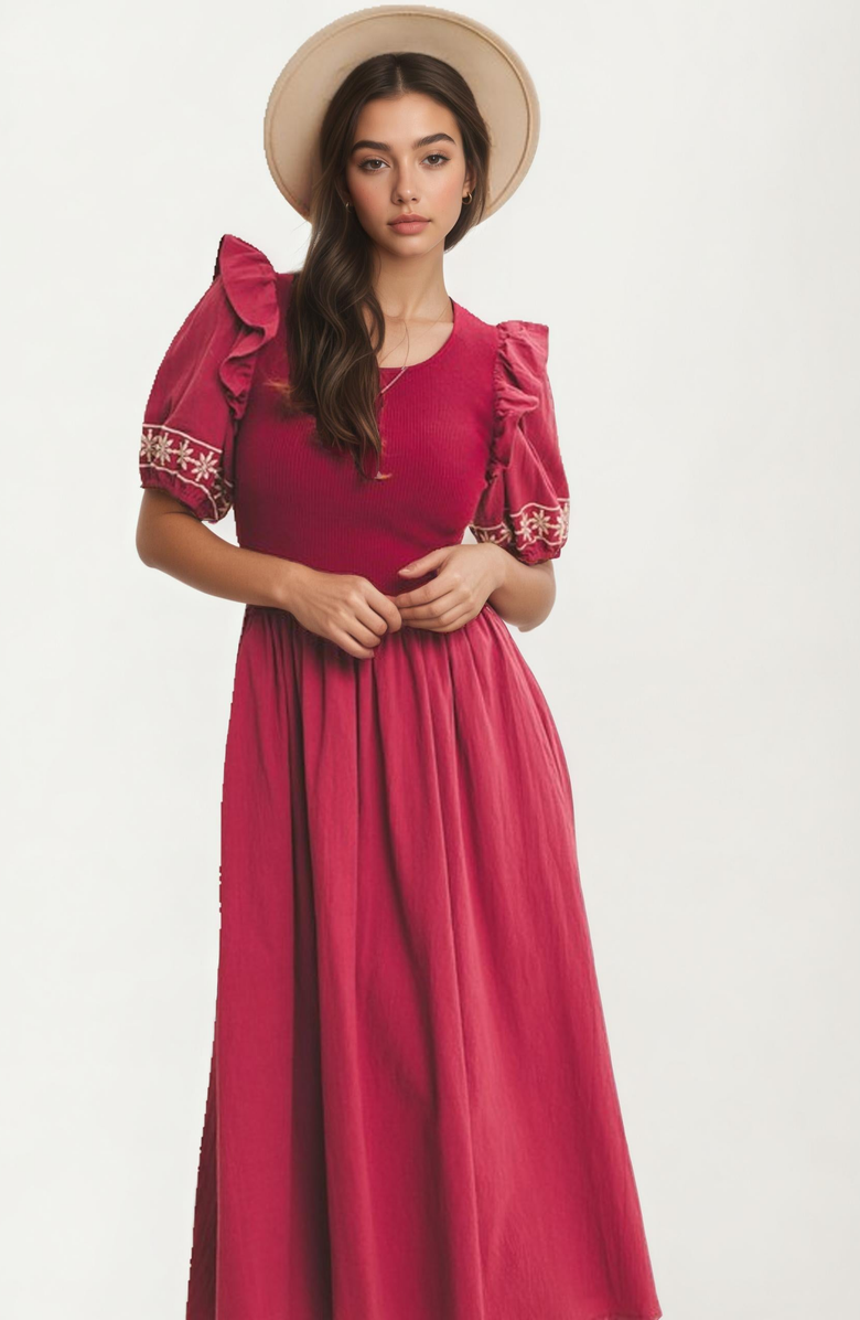 Knit and Lounge Embroidered Trim Puff Sleeve Midi Dress, Alternate, color, 