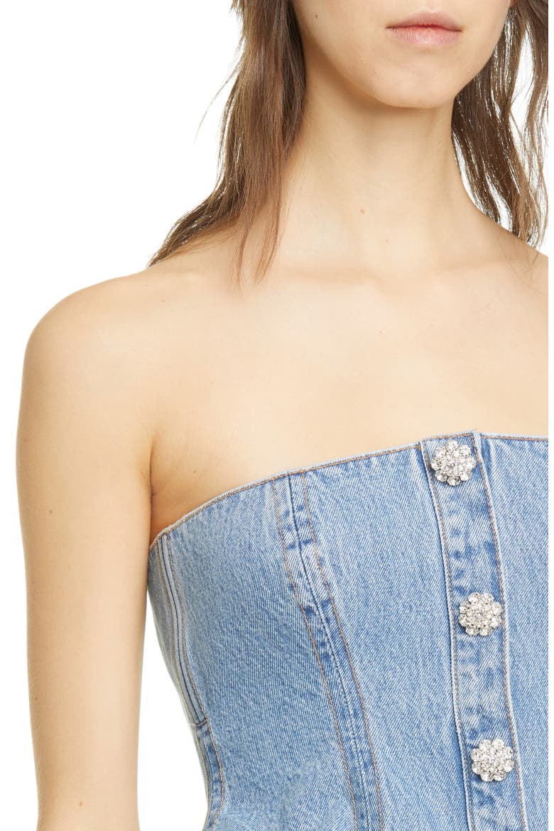 Washed Denim Strapless Peplum Top, Alternate, color, WASHED INDIGO