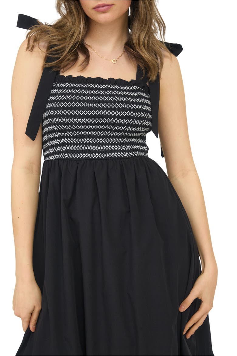 Embroidered Smocked Dress, Alternate, color, BLACK