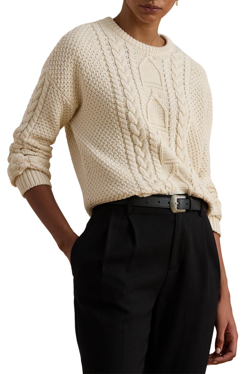 Lauren Ralph Lauren Cabled Cotton Crewneck Sweater, Main, color, Mascarpone Cream