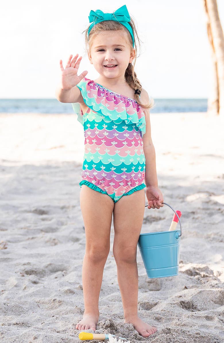 RuffleButts Kids' Mermaid One-Shoulder One-Piece Swimsuit, Alternate, color, Blue