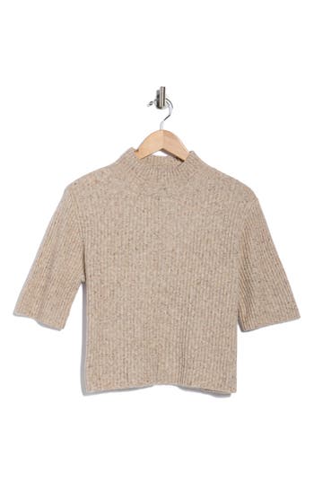 Bobeau Speckled Mock Neck Short Sleeve Sweater In Brown