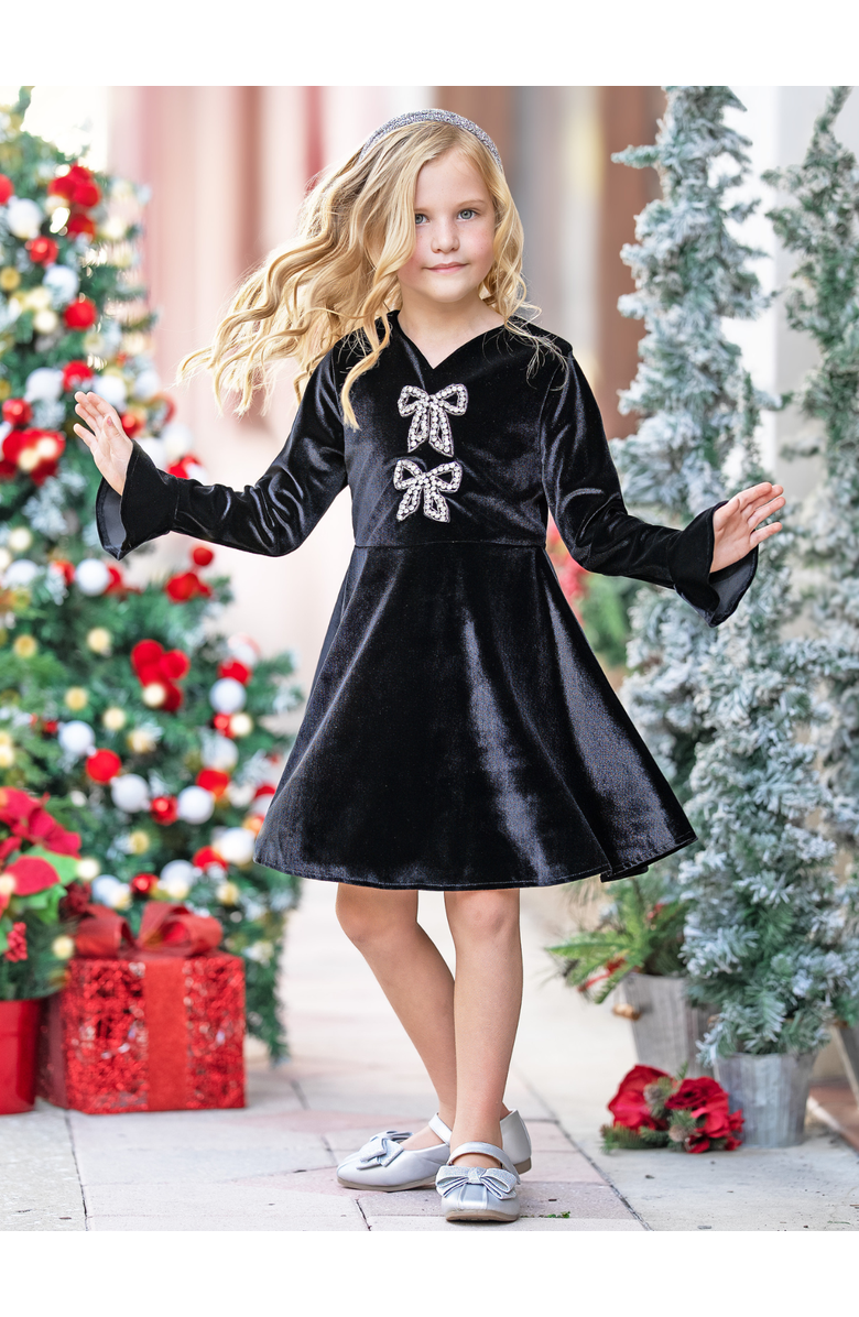 Mia Belle Girls Crystal Bow Long Sleeve Velour Dress, Alternate, color, Black