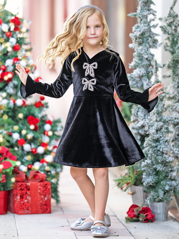 Crystal Bow Long Sleeve Velour Dress