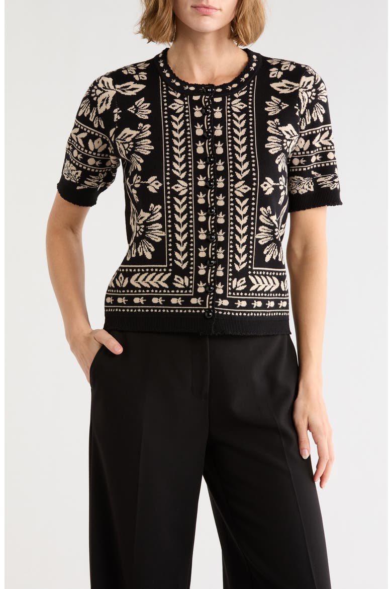 Short Sleeve Cardigan, Main, color, BLACK / IVORY FLORAL JACQUARD