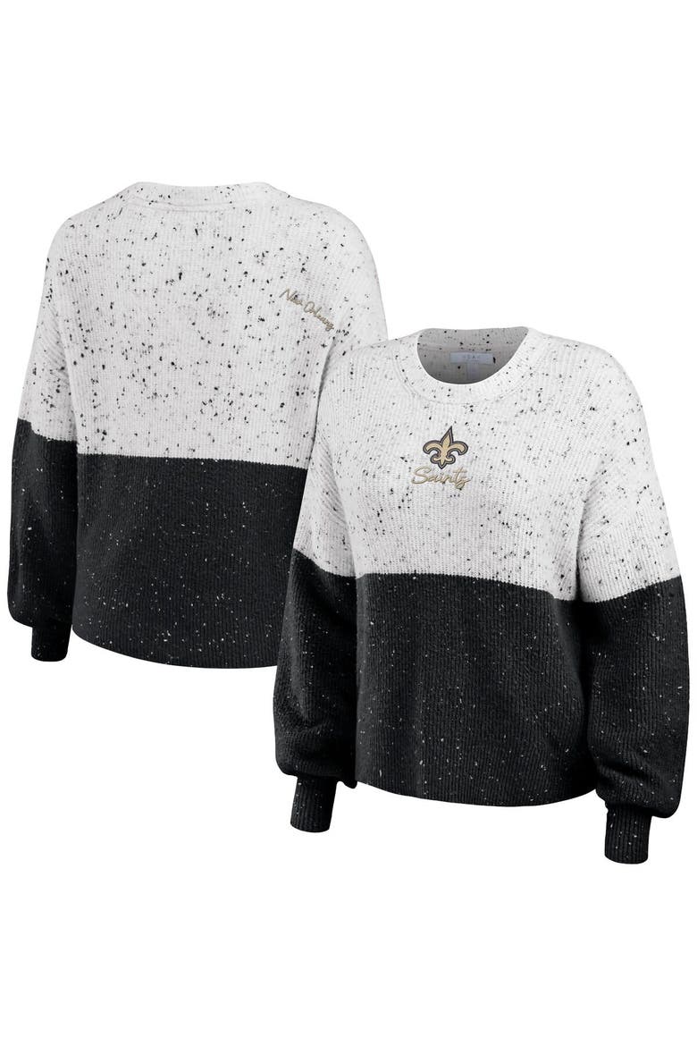 Women's WEAR by Erin Andrews  White/Black New Orleans Saints Lighweight Modest Crop Color-Block Pullover Sweater, Main, color, White