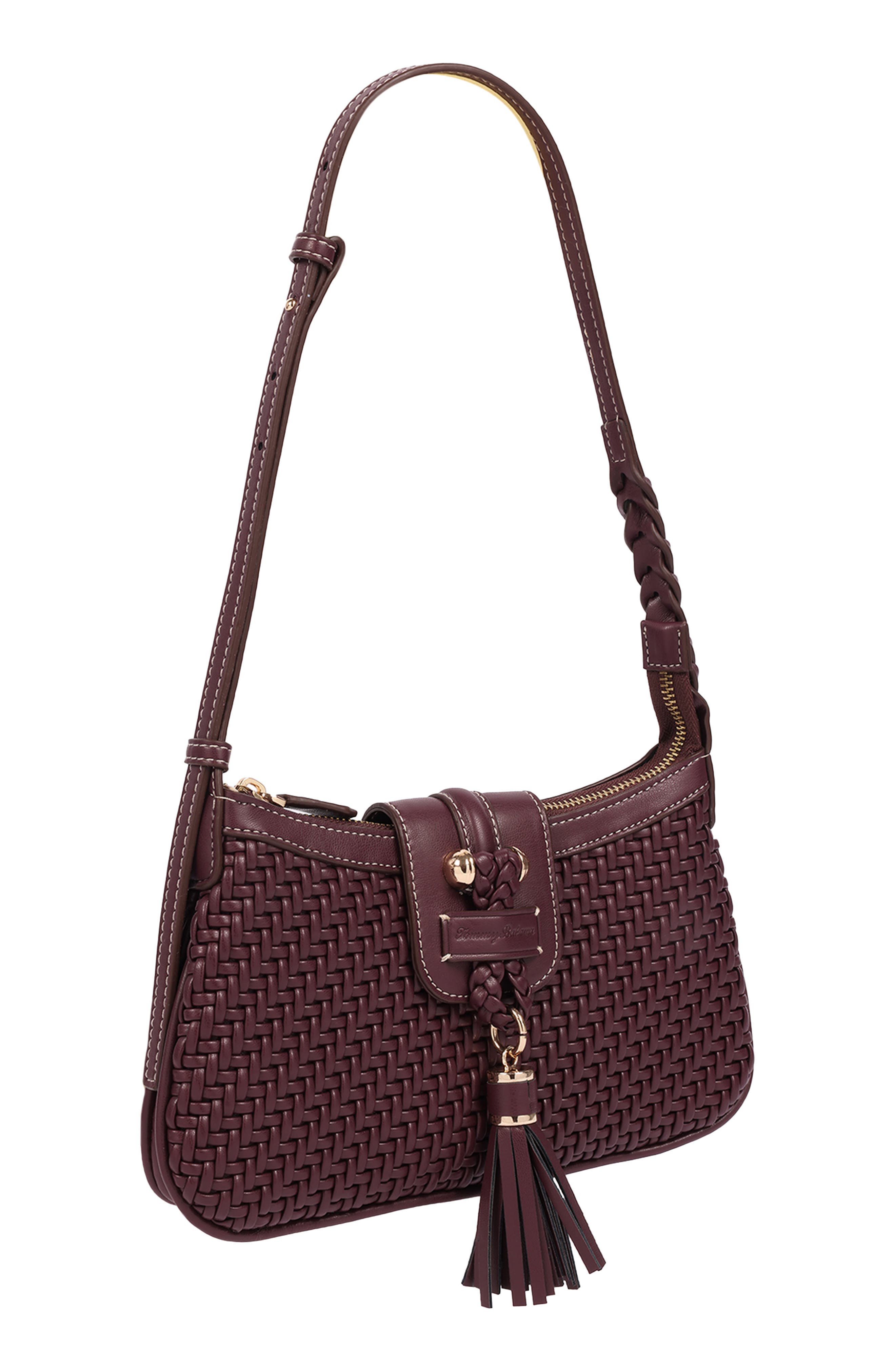 Tassel Tab Woven Faux Leather Shoulder Bag, Alternate, color, WINE