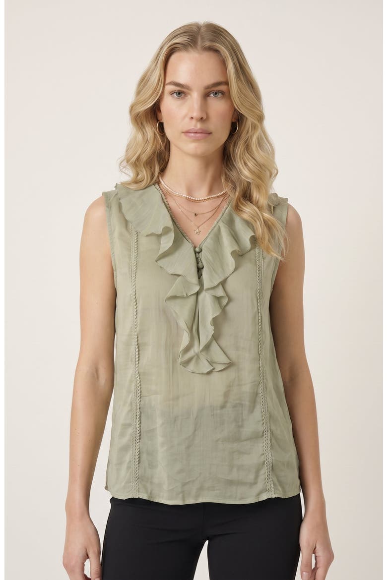 Sleeveless Ruffle Front Blouse with Lace Inset Trim and V Neckline, Alternate, color, Green