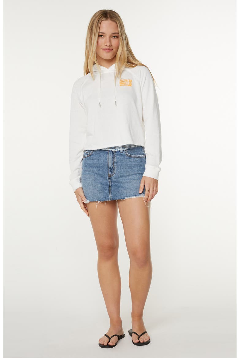 We Arrived Crop Fleece Graphic Hoodie, Alternate, color, SNOW WHITE SEA GLASS