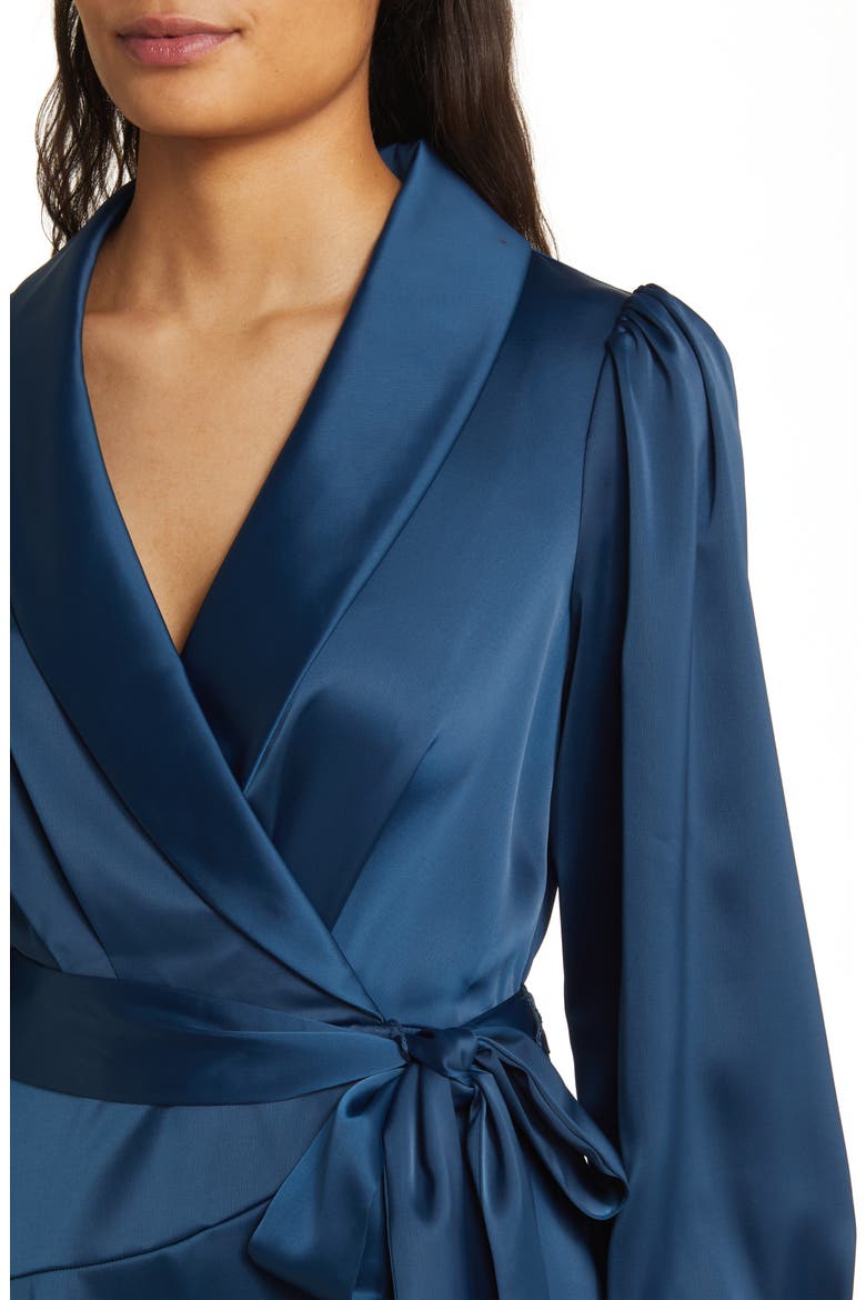 Shawl Collar Long Sleeve Satin Dress, Alternate, color, PEACOCK