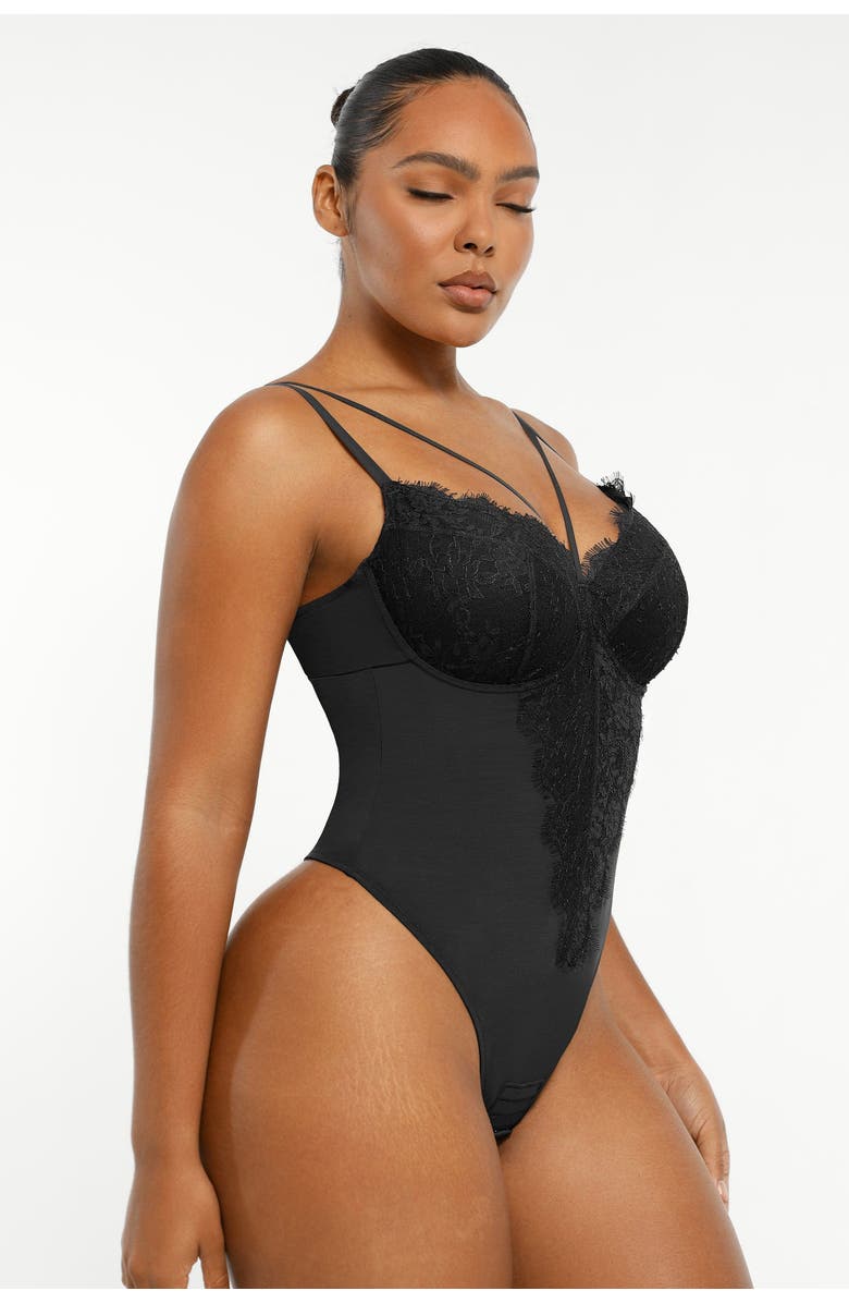 Shapellx Sheer Lace Mesh Bodysuit with Shaping, Alternate, color, Matte Black