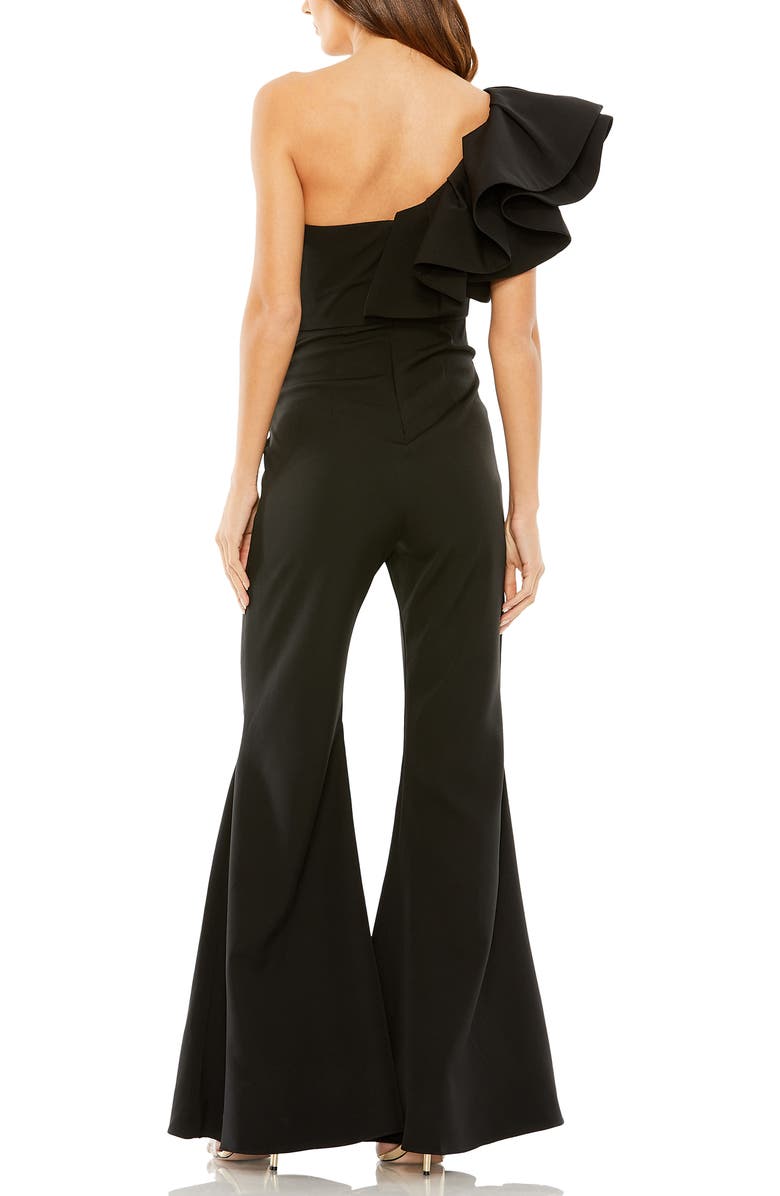 Mac Duggal One Shoulder Ruffle Detail Flare Pant Jumpsuit, Alternate, color, Black