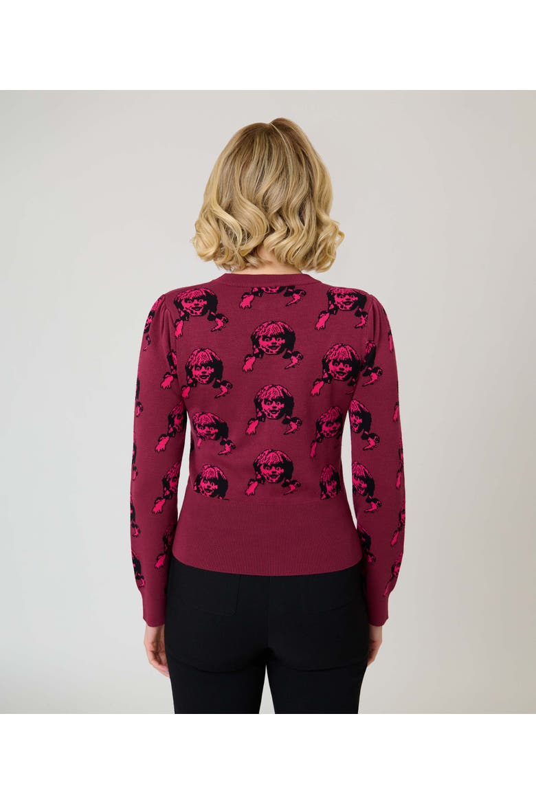 Embroidered Long Sleeve Sweater, Alternate, color, Red Annabelle Doll Print
