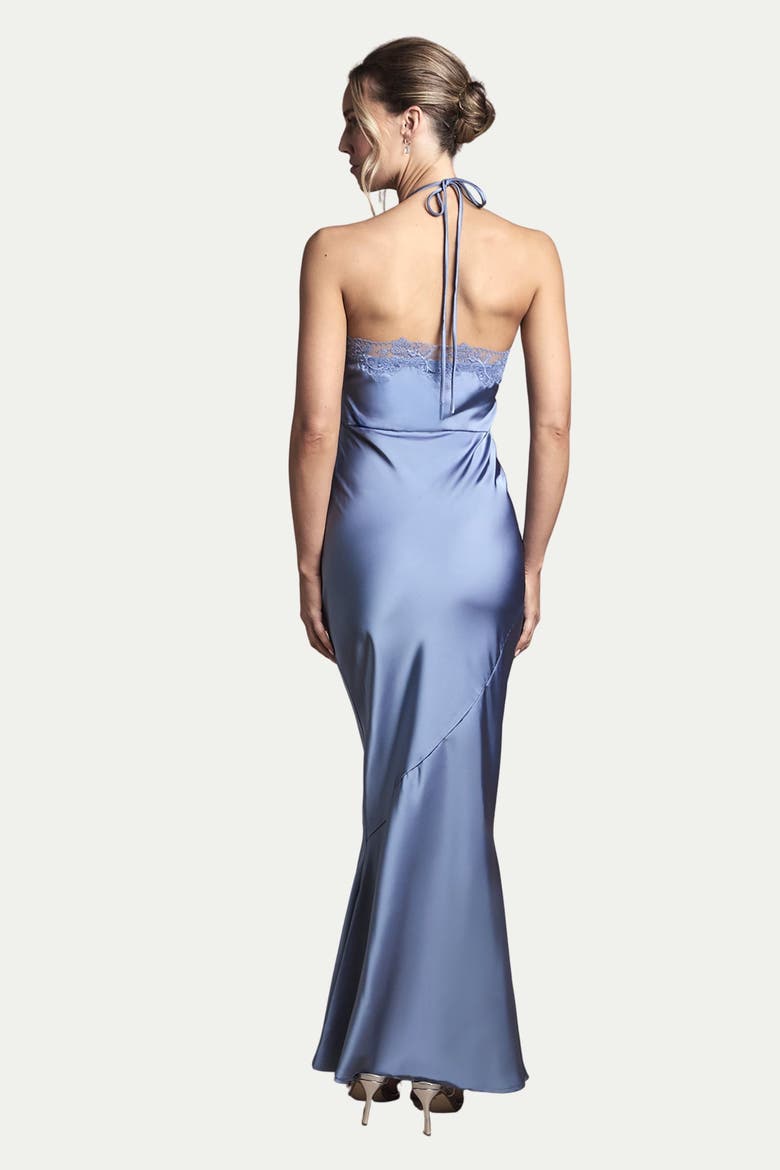 Halter Satin Maxi Bridesmaid Dress, Alternate, color, Blue