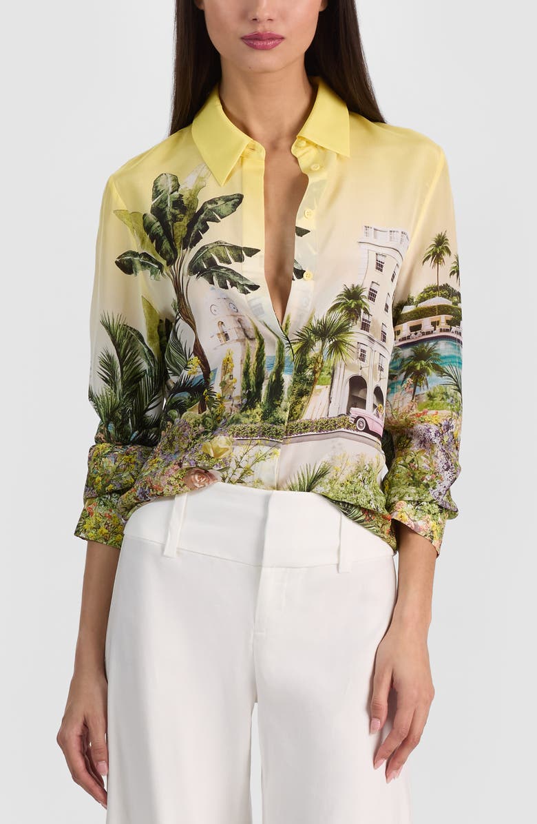 Alice + Olivia Willa Print Silk Button-Up Shirt, Alternate, color, Pure Paradise