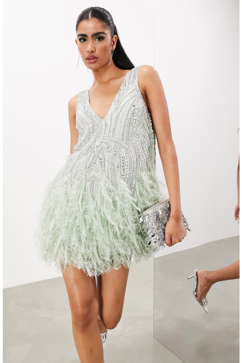 EDITION Embellished Faux Feather Trim Cocktail Dress, Alternate, color, MID GREEN