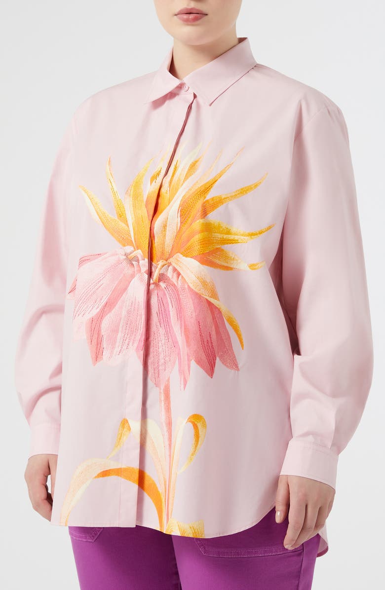 Marina Rinaldi Tartufo Placed Embroidery Cotton Button-Up Shirt, Main, color, Pink