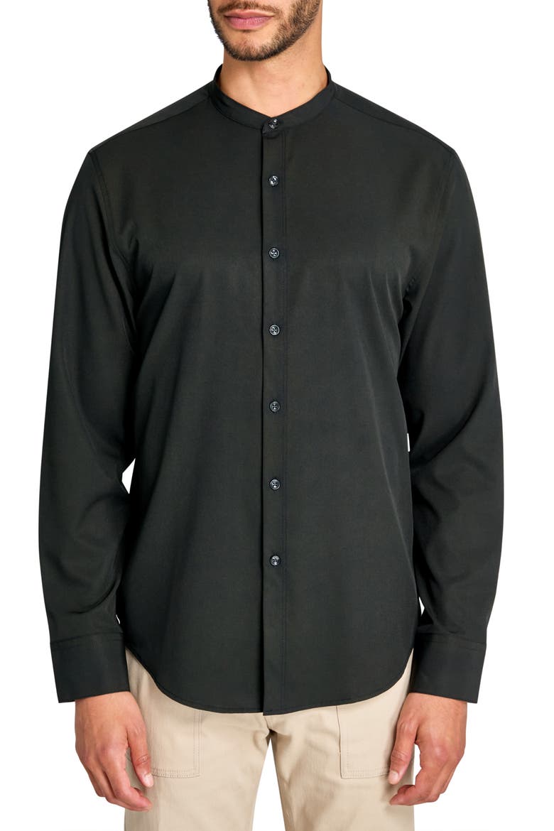 Solid Recycled 4-Way Stretch Performance Stand Collar Shirt, Main, color, BLACK