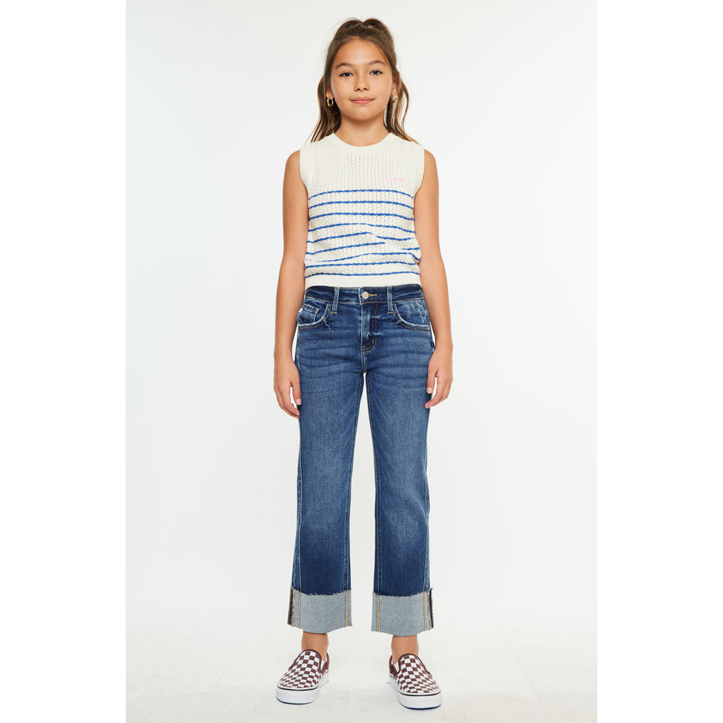 Kancan Gisela Mid Rise Kids Cropped Straight Jeans In Multi