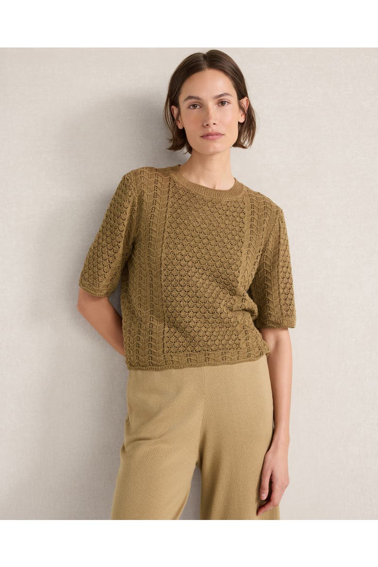 Organic Cotton Linen Pointelle Short Sleeve Sweater, Main, color, Cappuccino