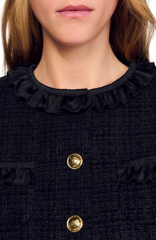 Sandro Ruffled Tweed Jacket In Black