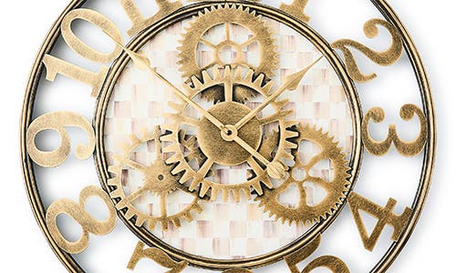 Mackenzie-childs Mackenzie Childs Mocha Check Small Farmhouse Wall Clock In Gold