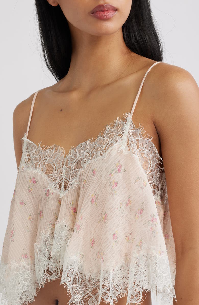 LoveShackFancy Elysia Eyelash Lace Trim Crop Silk Top, Alternate, color, 