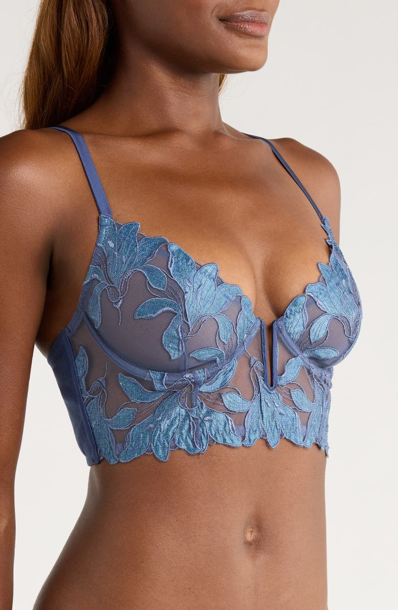 Fleur Du Mal Lily Embroidered Underwire Plunge Longline Demi Bra, Alternate, color, Spring Denim
