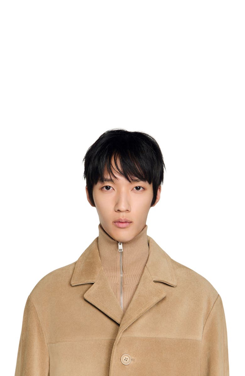 SANDRO Long belted leather coat, Alternate, color, Cappucino