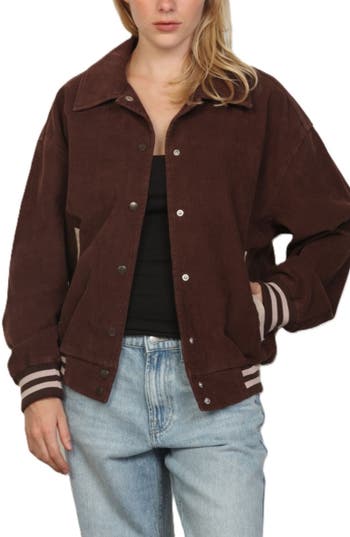 Stoosh Oversized Corduroy Varsity Jacket In Brown
