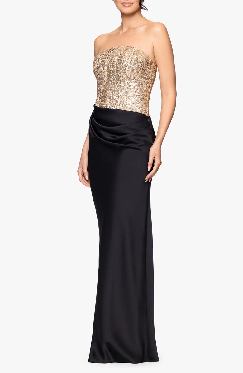 Betsy & Adam Sequin Bodice Strapless Gown, Alternate, color, Black/ Gold