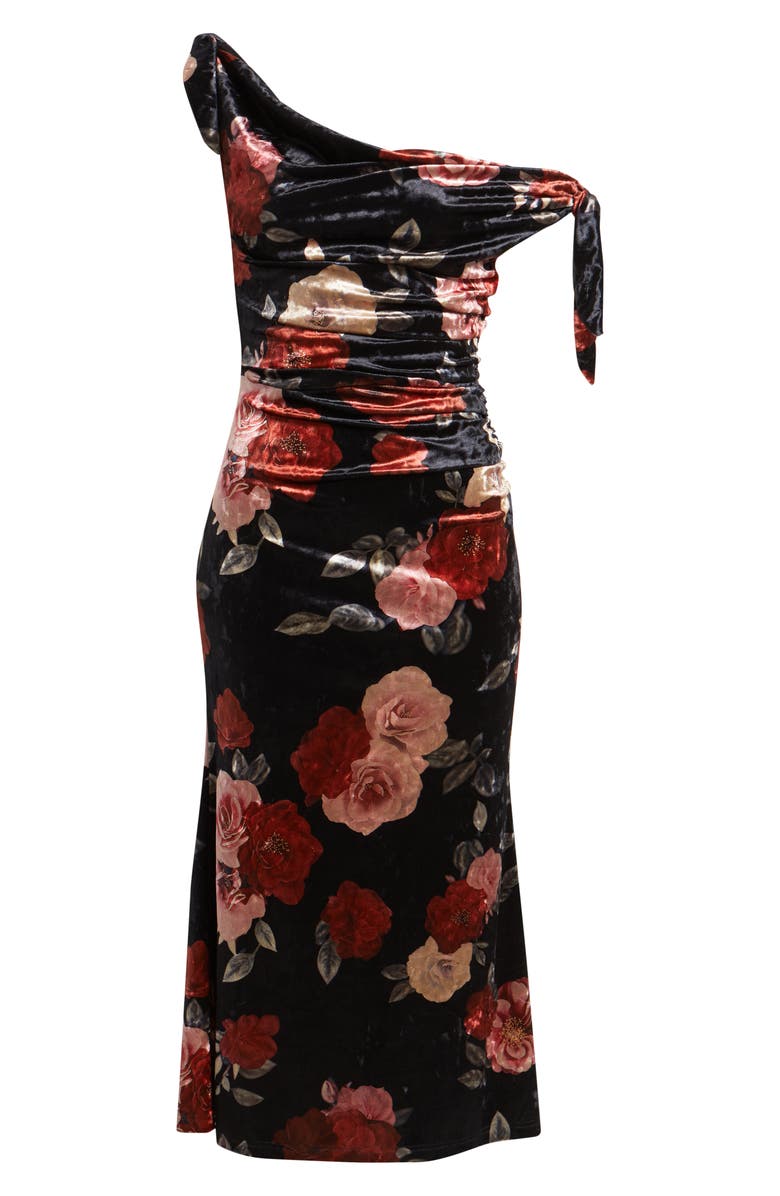 Lulus Teagan Floral Print Off the Shoulder Velvet Dress, Alternate, color, Black Multi