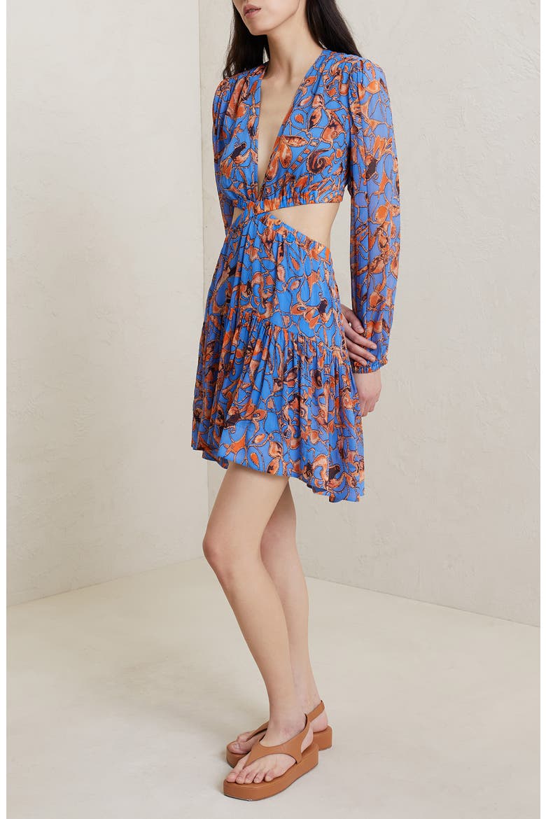 Izzy II Cutout Long Sleeve Silk Dress, Alternate, color, BLUE SEA MULTI