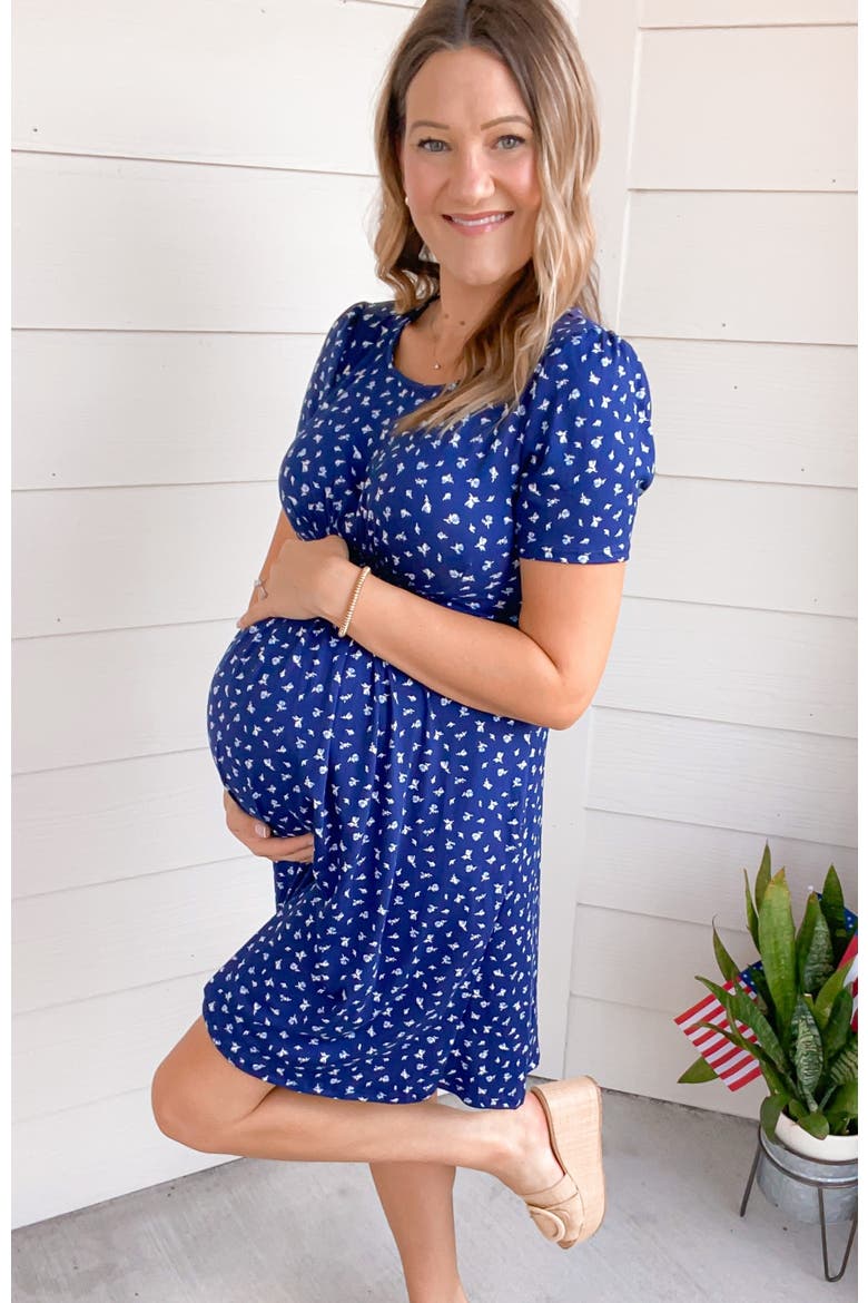 Floral Smocked Short Sleeve Dress, Alternate, color, Navy Blue
