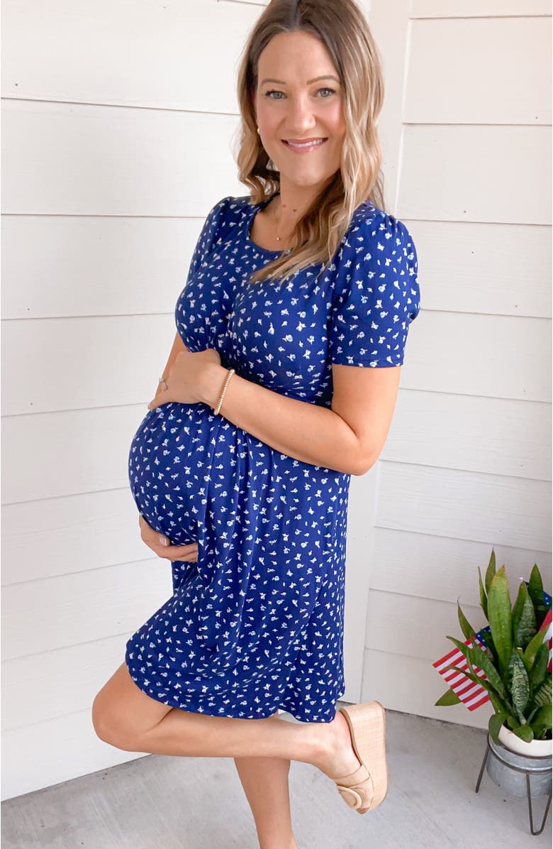 PinkBlush Floral Smocked Short Sleeve Dress, Alternate, color, Navy Blue