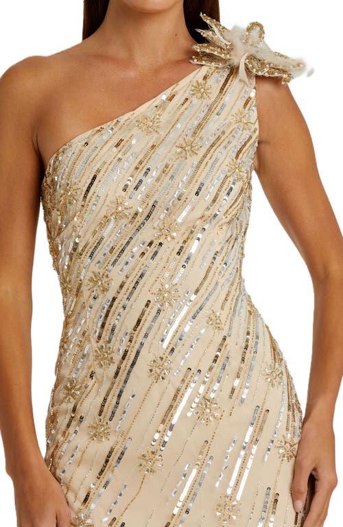 Mac Duggal Womens Embellished Feathers Evening Dress In Nude Gold