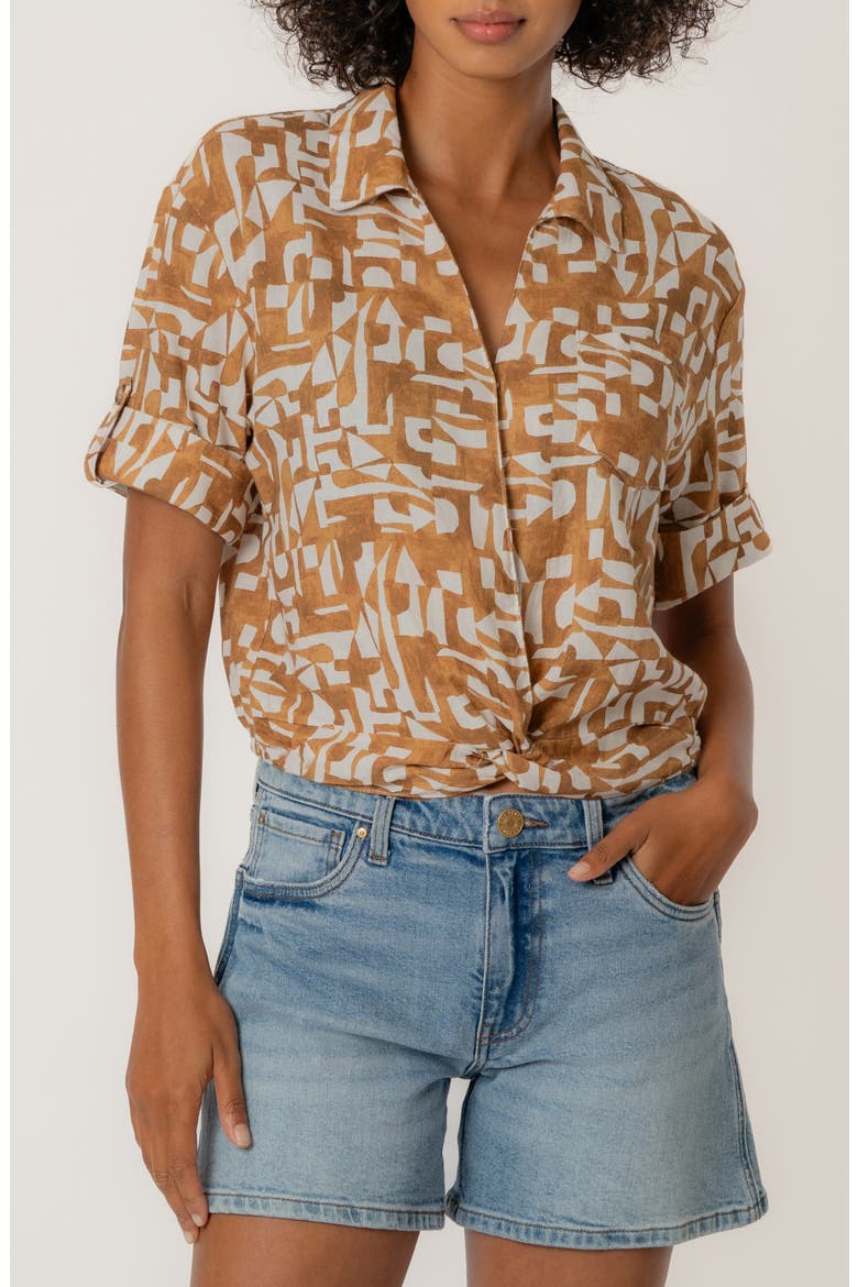 Rebel Printed Knot Front Linen Blend Top, Main, color, CAMBRIDGE WOOD
