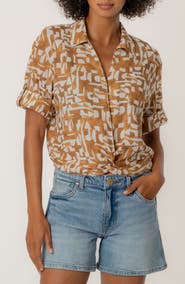 KUT from the Kloth Rebel Printed Knot Front Linen Blend Top