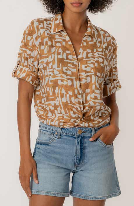 Rebel Printed Knot Front Linen Blend Top